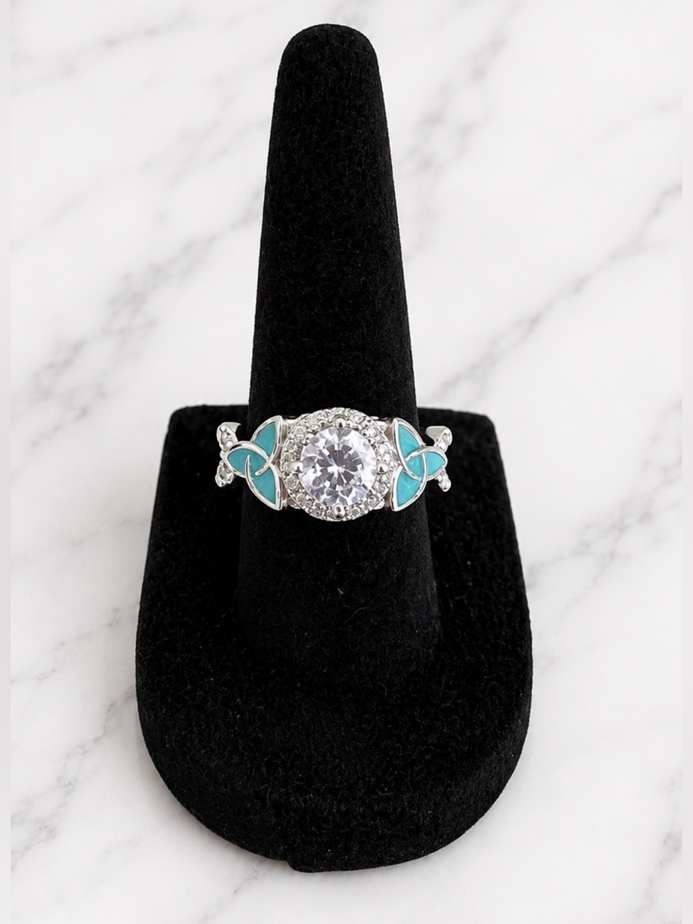 Silver-tone Turquoise Enamel Floral Halo Ring With Clear Center Stone Size 7